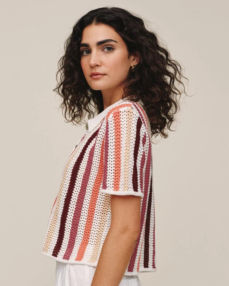 Short Sleeve Open Knit Button Down