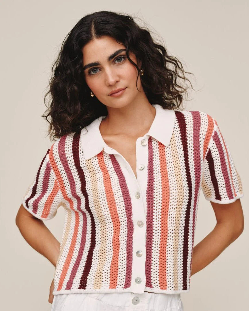 Short Sleeve Open Knit Button Down